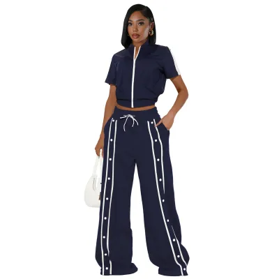 Women's Athleisure Short-Sleeve Zipper Top And Pants Two-Piece Set - Street Style