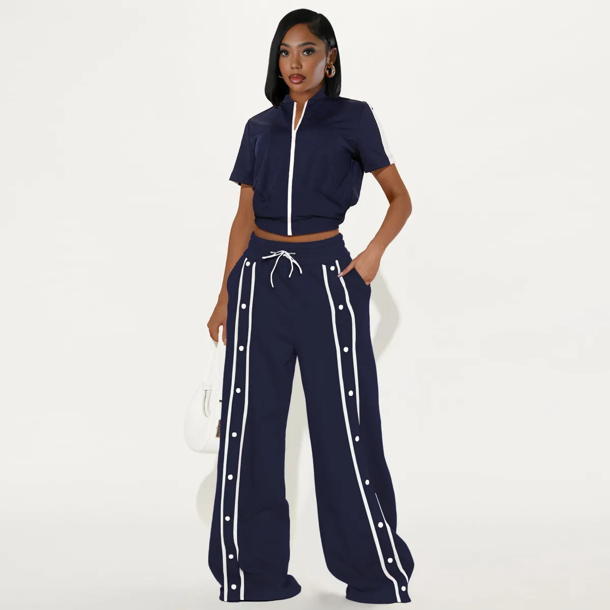 Women's Athleisure Short-Sleeve Zipper Top And Pants Two-Piece Set - Street Style