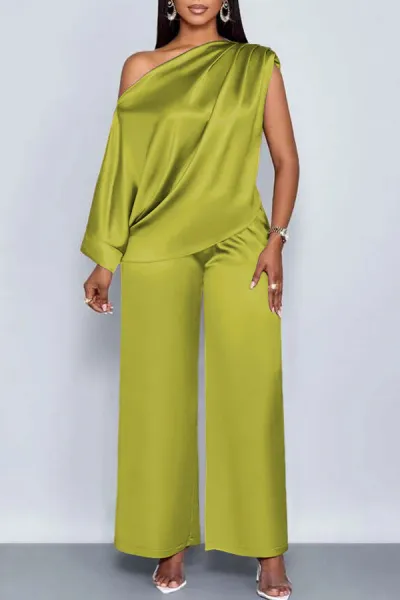 Women Elegant Solid Bat Sleeve Top And Wide-Leg Pants Set