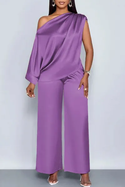 Women Elegant Solid Bat Sleeve Top And Wide-Leg Pants Set