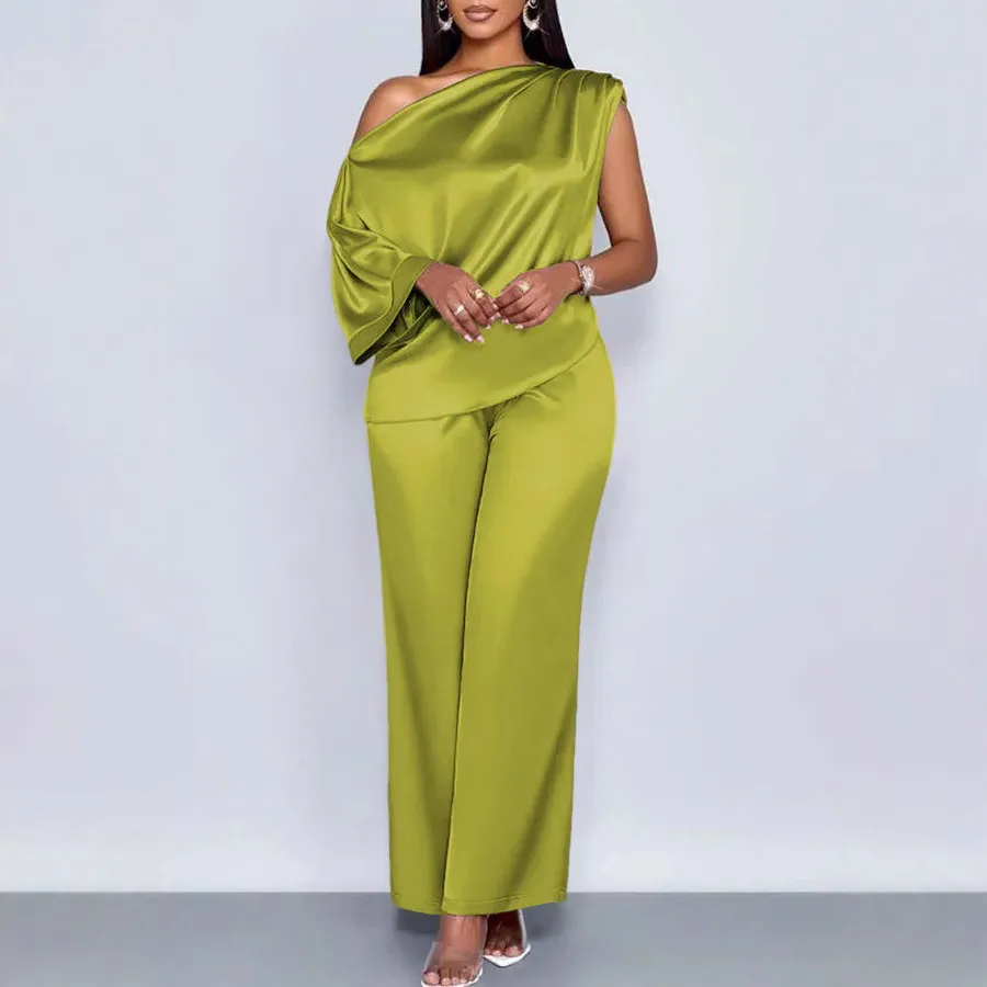 Women Elegant Solid Bat Sleeve Top And Wide-Leg Pants Set