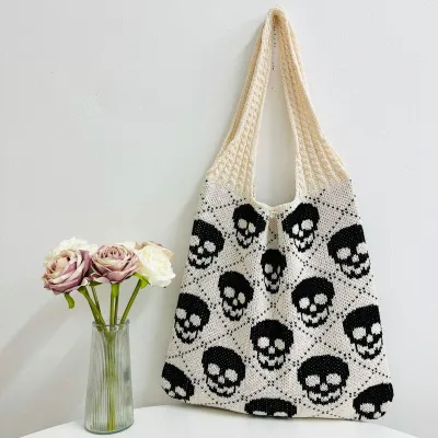 Halloween Skull Print Knitted Woven Shoulder Bag Big Oval Polyester