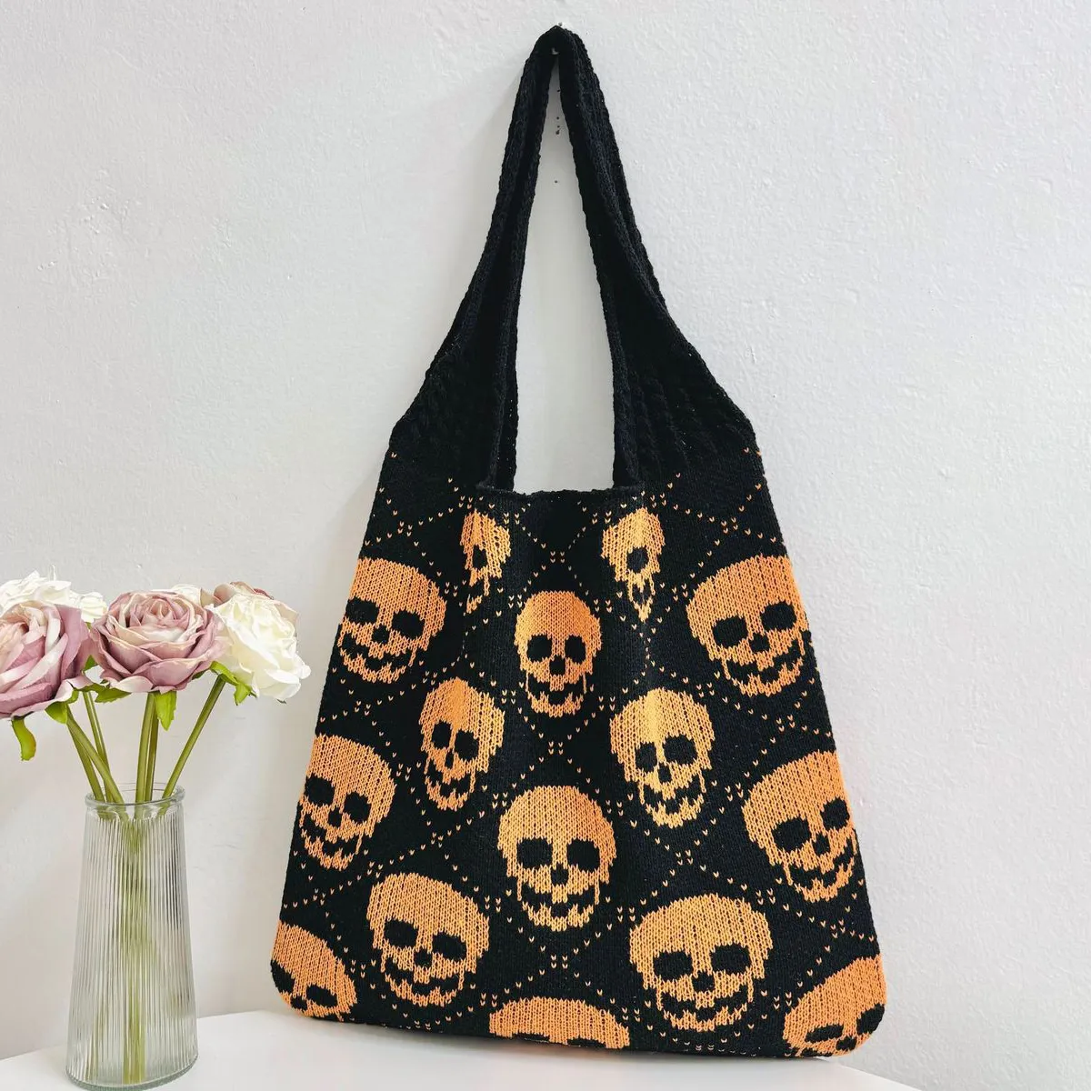 Halloween Skull Print Knitted Woven Shoulder Bag Big Oval Polyester