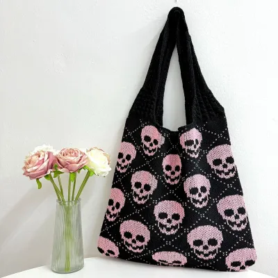 Halloween Skull Print Knitted Woven Shoulder Bag Big Oval Polyester