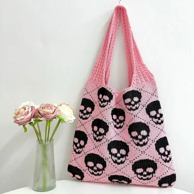 Halloween Skull Print Knitted Woven Shoulder Bag Big Oval Polyester