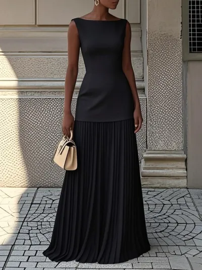 Women Fashion Elegant Solid Color Sleeveless Tank Top Knitted Skirt Two-Piece Set