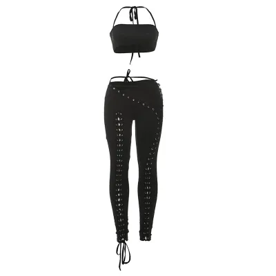 Women Fashion Sexy Solid Color Halter-Neck Crop Top Hollow-Out Lace-Up Pants Two-Piece Set