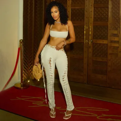 Women Fashion Sexy Solid Color Halter-Neck Crop Top Hollow-Out Lace-Up Pants Two-Piece Set