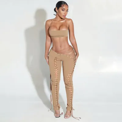 Women Fashion Sexy Solid Color Halter-Neck Crop Top Hollow-Out Lace-Up Pants Two-Piece Set