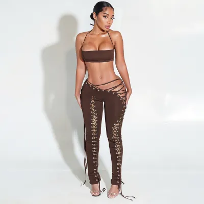 Women Fashion Sexy Solid Color Halter-Neck Crop Top Hollow-Out Lace-Up Pants Two-Piece Set
