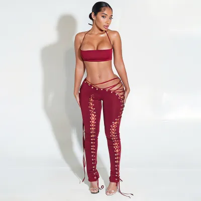 Women Fashion Sexy Solid Color Halter-Neck Crop Top Hollow-Out Lace-Up Pants Two-Piece Set