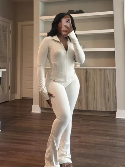 Women Casual Solid Color Long-Sleeve Zipper Coat Slim Fit Pants Two-Piece Set