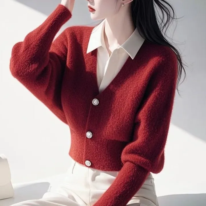 Women Elegant Knitted Lapel Long-Sleeve Fake Two-Piece Cardigan