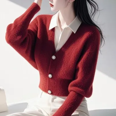 Women Fashon Elegant Knitted Lapel Long-Sleeve Fake Two-Piece Sweater