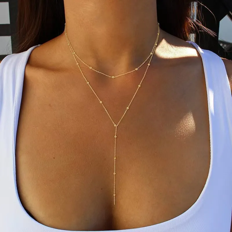 Women Fashion Multi-Layer Round Bead Tassel Pendant Necklace