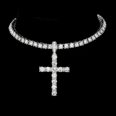Men Fashion Casual Hip-Hop Zircon Cross Pendant Necklace
