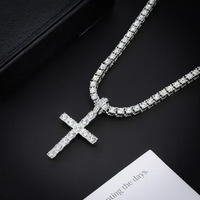 Men Fashion Casual Hip-Hop Zircon Cross Pendant Necklace
