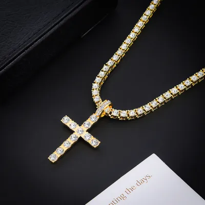 Men Fashion Casual Hip-Hop Zircon Cross Pendant Necklace
