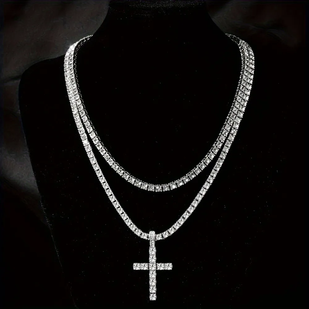 Men Fashion Casual Hip-Hop Zircon Cross Pendant Necklace