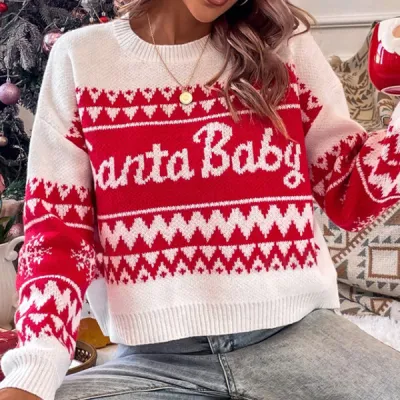 Women Fashion Casual Autumn And Winter Letter Jacquard Long Sleeve Sweater