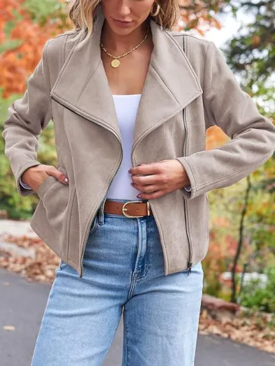 Women's Deerskin Lapel Jacket Casual Autumn Winter Long Sleeve