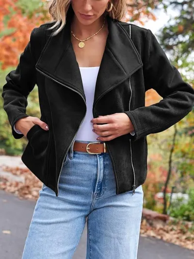 Women's Deerskin Lapel Jacket Casual Autumn Winter Long Sleeve