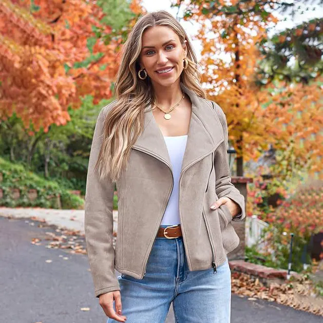 Women's Deerskin Lapel Jacket Casual Autumn Winter Long Sleeve