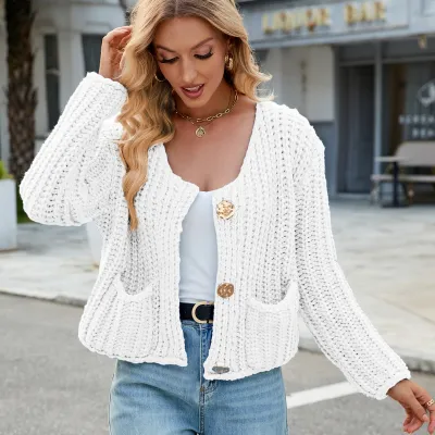 Women Casual Autumn Winter Solid Color Thick Needle Long-Sleeve Knitted Cardigan