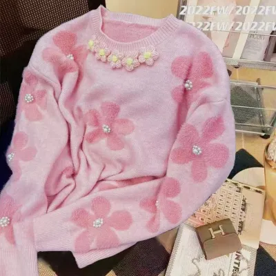 Women's Casual Beaded Floral Knit Sweater - Crewneck Long Sleeve Pullover for Autumn Winter