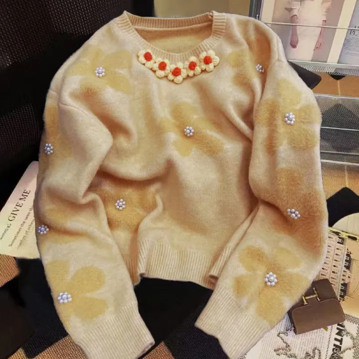 Women's Casual Beaded Floral Knit Sweater - Crewneck Long Sleeve Pullover for Autumn Winter