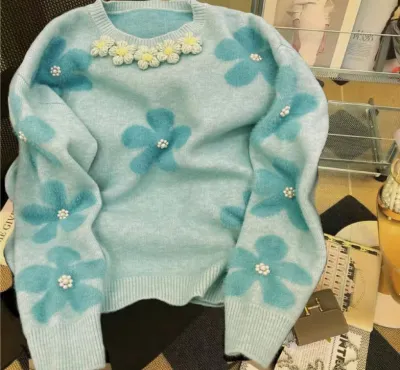 Women's Casual Beaded Floral Knit Sweater - Crewneck Long Sleeve Pullover for Autumn Winter