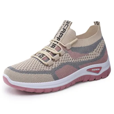 Women Fashion Color Block Flying Weaving Breathable Lace-Up Sneakers Plus Size