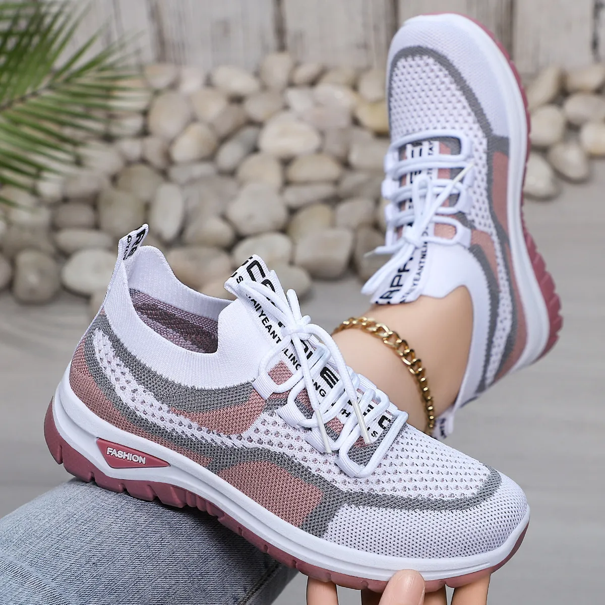 Women Fashion Color Block Flying Weaving Breathable Lace-Up Sneakers Plus Size