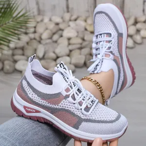 Women Fashion Color Block Flying Weaving Breathable Lace-Up Sneakers Plus Size