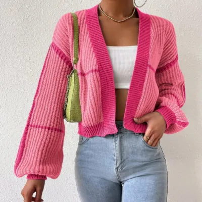 Women Fashion Casual Color Block Long-Sleeve Knitted Coat