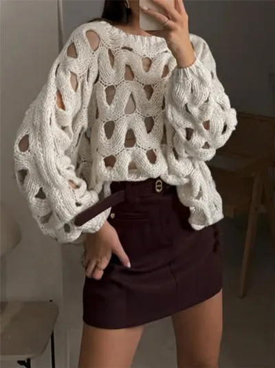 Women Casual Solid Color Hollow-Out Long-Sleeve Pullover Sweater