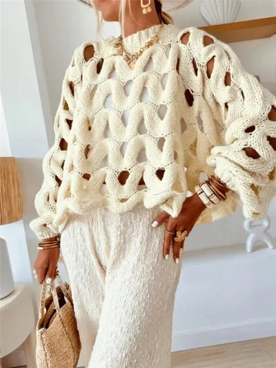 Women Casual Solid Color Hollow-Out Long-Sleeve Pullover Sweater