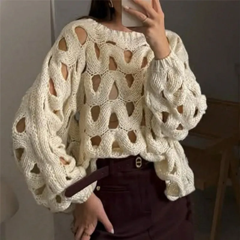 Women Casual Solid Color Hollow-Out Long-Sleeve Pullover Sweater