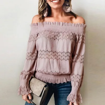 Women Fashion Elegant Solid Color Lace Off-Shoulder Long Sleeve Blouse