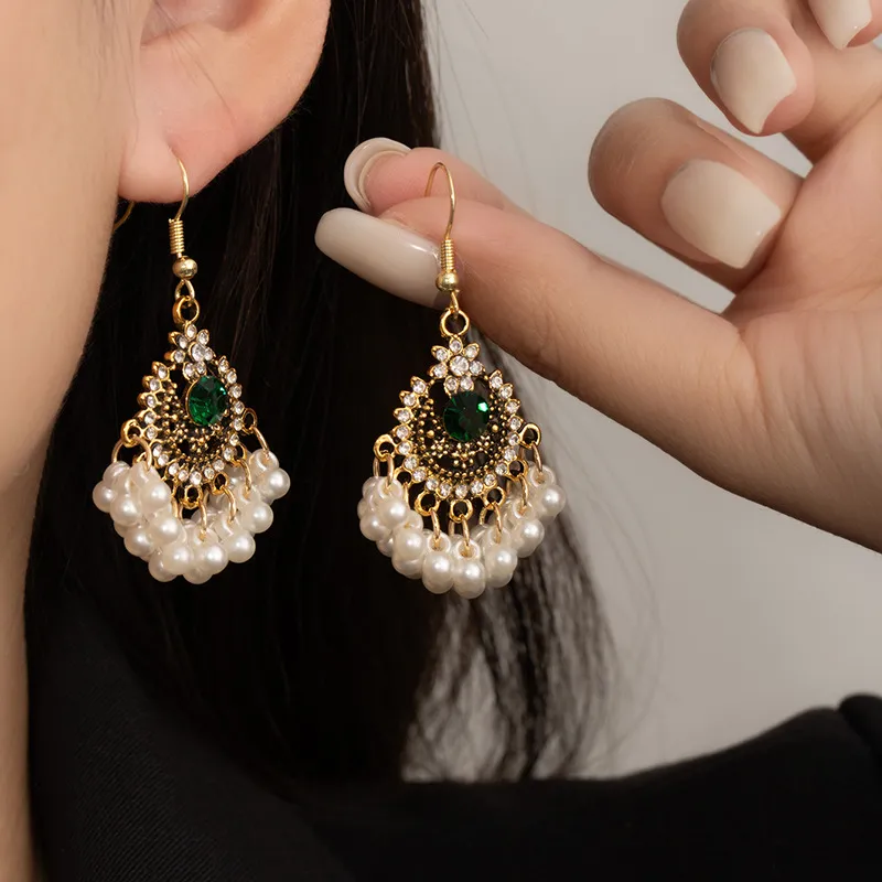 Women Fashion Boho Pearl Tassel Floral Earrings Ethnic Retro