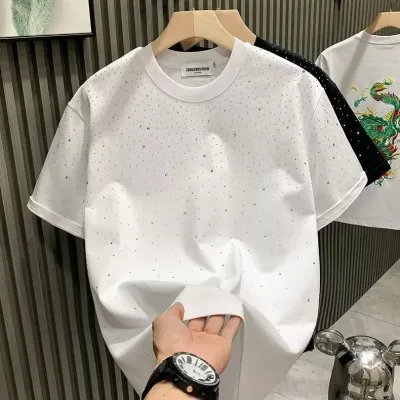 Men Fashion Casual Rhinestone Short-Sleeve Loose T-Shirt
