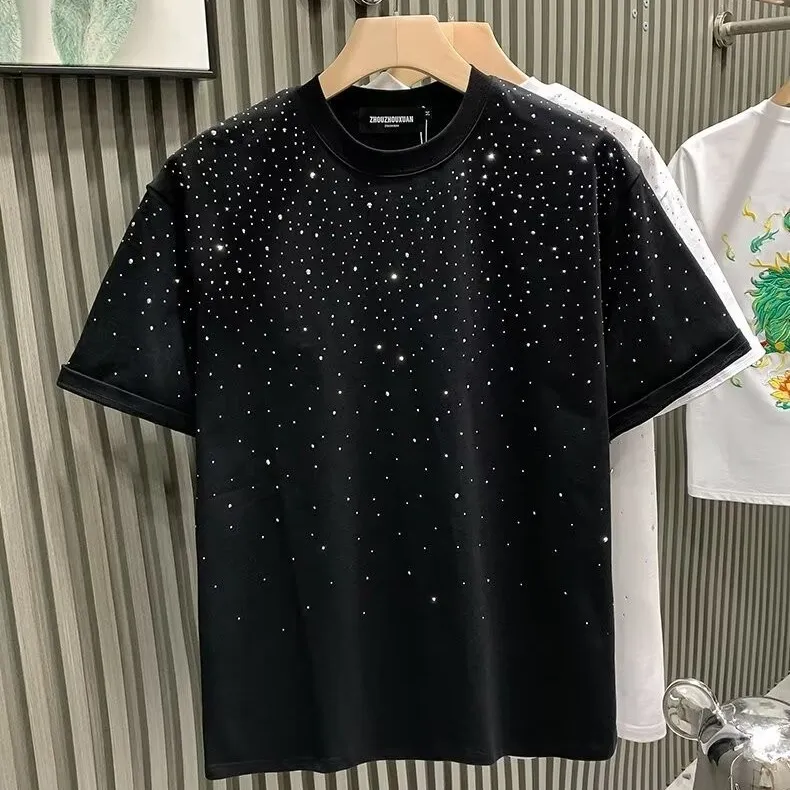 Men Fashion Casual Rhinestone Short-Sleeve Loose T-Shirt