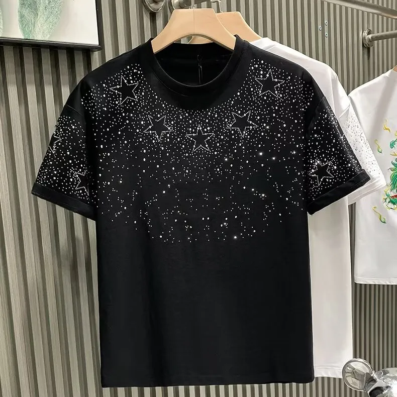 Men'S Rhinestone Dot Youth Popular Short-Sleeve Cotton Blend T-Shirt