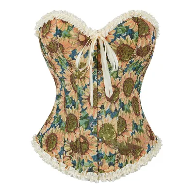 Women Retro Lace Sunflower Pattern Fishbone Corset Tank Top