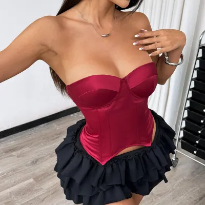 Women Fashion Simple Solid Color Steel Ring Fishbone Corset Tube Top