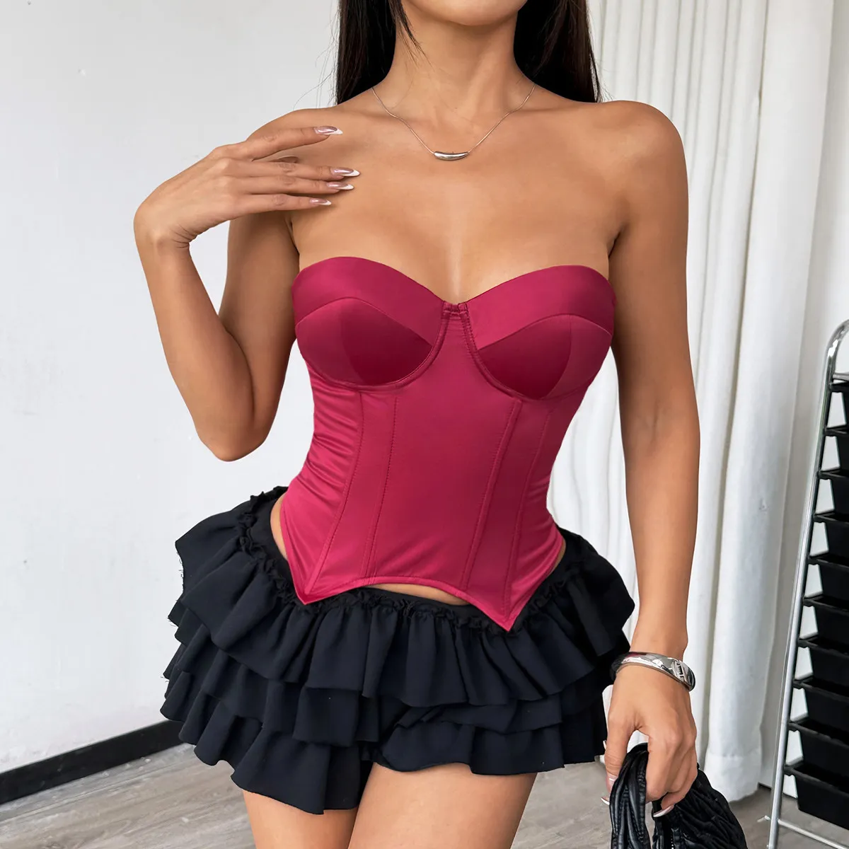 Women Fashion Simple Solid Color Steel Ring Fishbone Corset Tube Top