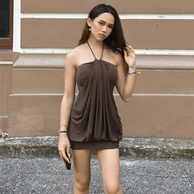 Women Fashion Sexy Solid Color Halter-Neck Slim Fit Dress