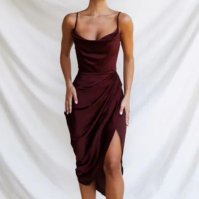 Women Sexy Solid Color Satin Spaghetti Strap Split Slim-Fit Midi Dress