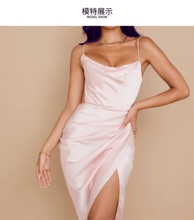 Women Sexy Solid Color Satin Spaghetti Strap Split Slim-Fit Midi Dress