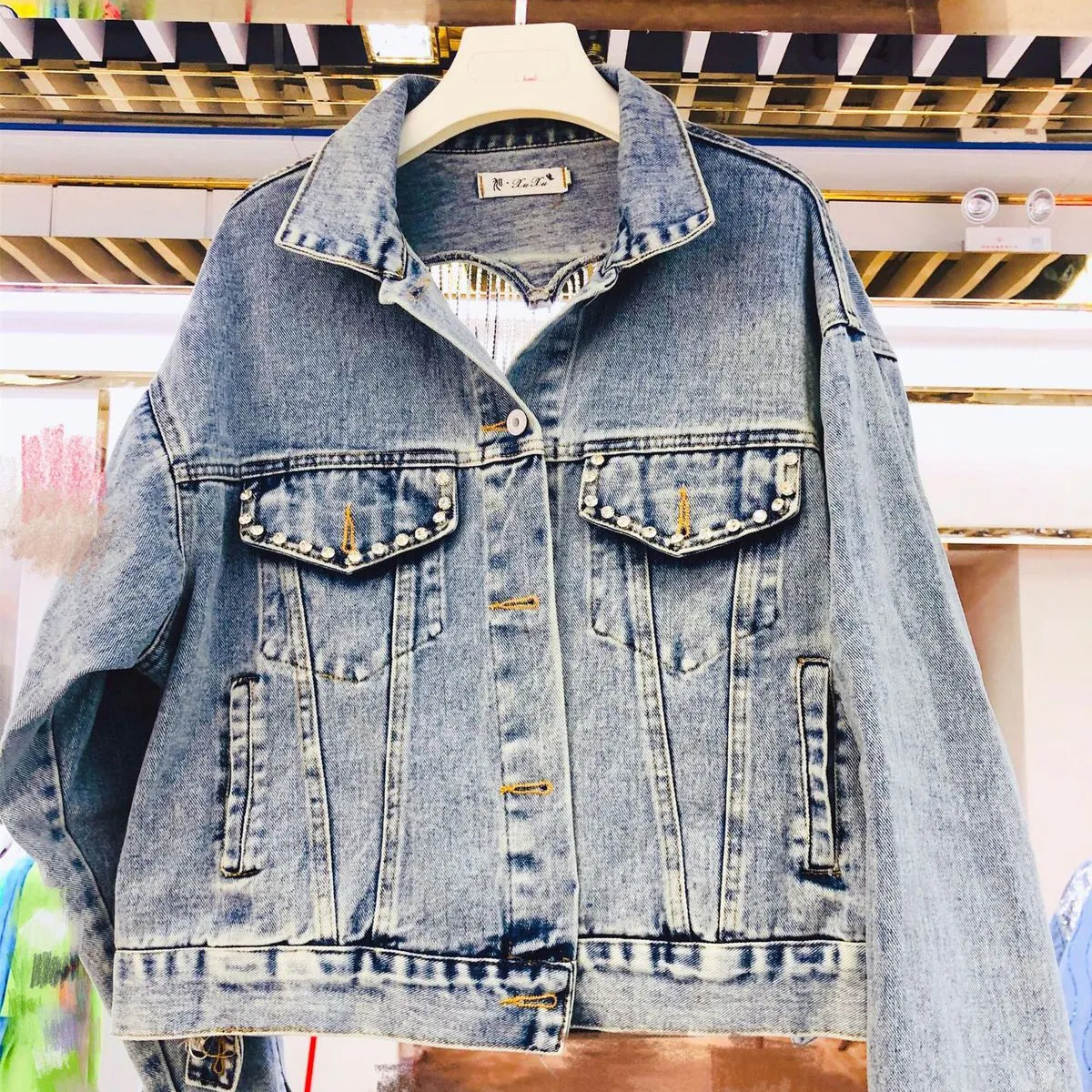 Women Fashion Creative Backless Love Rhinestone Tassel Lapel Long Sleeve Denim Jacket